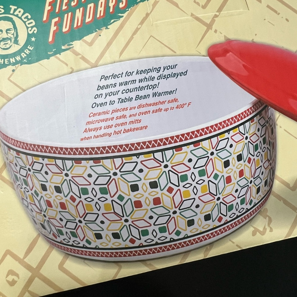 Danny Trejos taco serving ceramic tortilla & bean bowl w/lid colorful new Fiesta